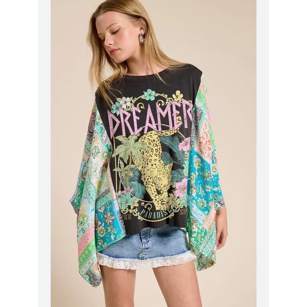 Zutter Dreamer 1974 Leopard Tiger Graphic Patchwork Kimono Sleeve Top festival